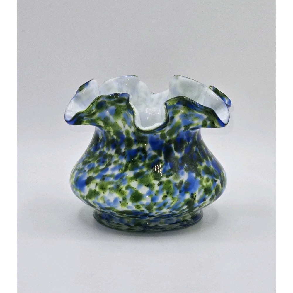 Fenton Glass Murrhina Art Glass Vase Blue Green Spatter Ruffled Rim